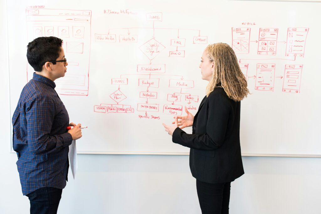 pexels-photo-1181346-1181346 Two professionals brainstorming digital marketing ideas on a whiteboard.